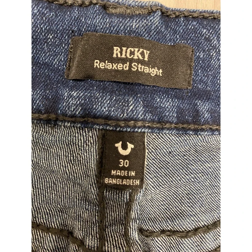 True Religion Ricky‎ Relaxed Straight Jeans 30x33.5 Casual *Leg Split* Dark Wash